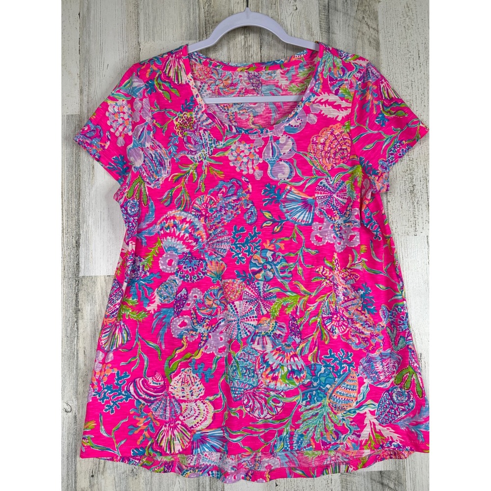 Lilly Pulitzer Etta Top M Pink Shell Print Cotton Retro Resort Coastal Beachy